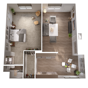 Floor plan for 1 bed, 1 bath, 705 sqft